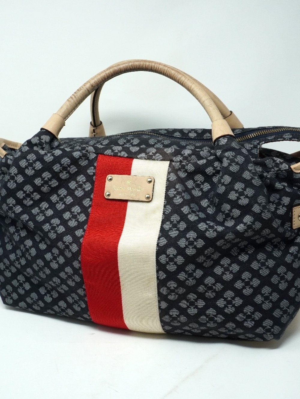 Kate Spade Black, White & Red Patterned Tote with Tan Leather Quality and Style